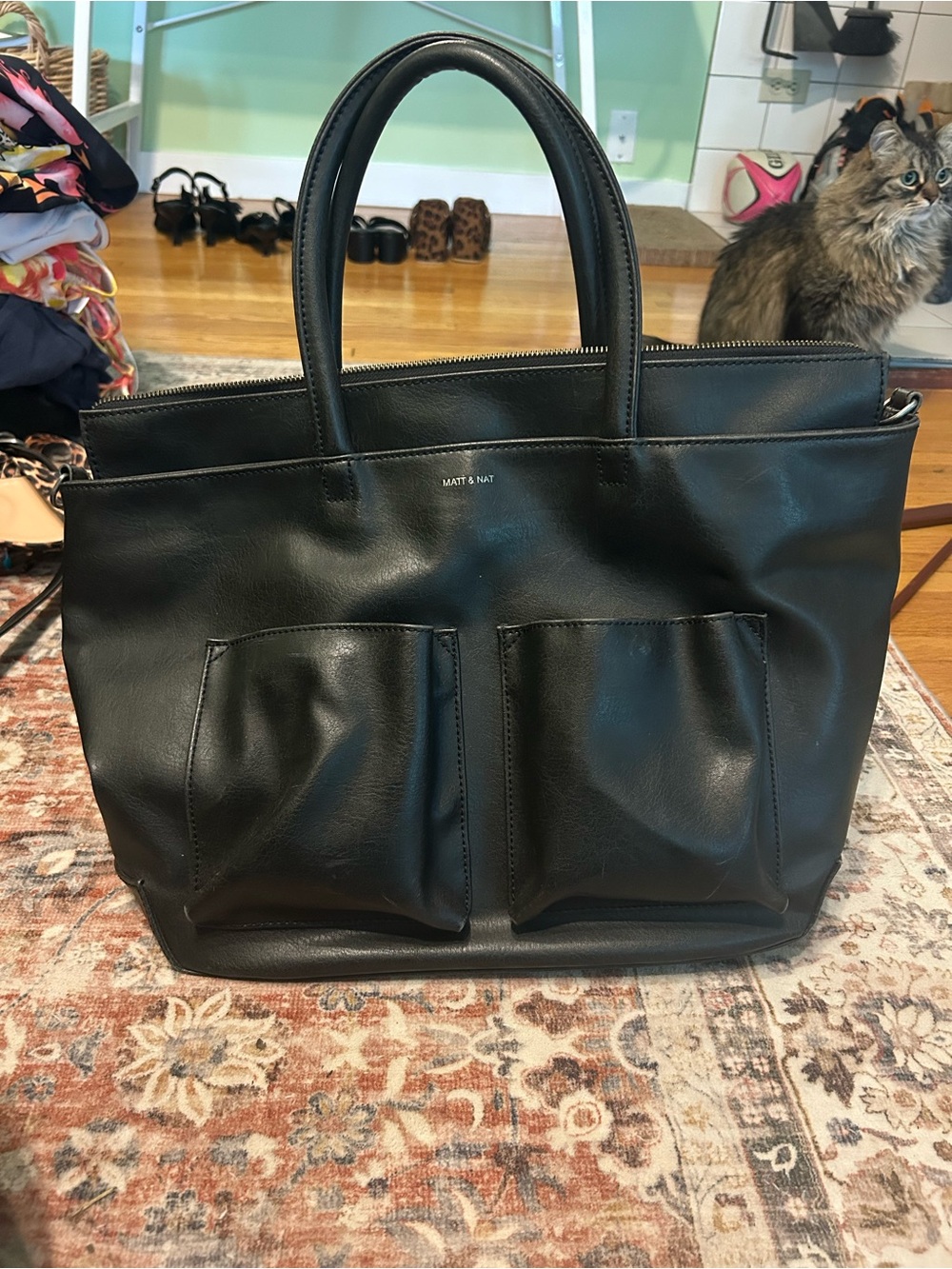 Matt & Nat Black Vegan Leather Tote with Front Patch Pockets